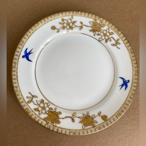 Vtg Nippon Hand Painted Small Bowl Saucer and Dessert Plate Gold Blue Birds - Picture 4 of 13